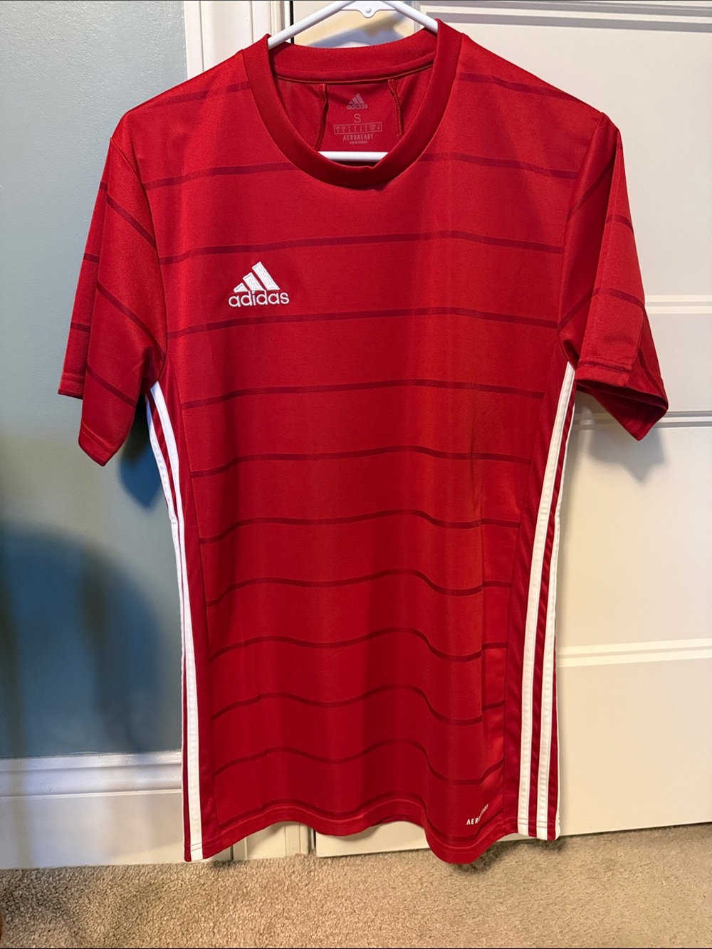 adidas Red Short-Sleeve Soccer Jersey with White Stripes